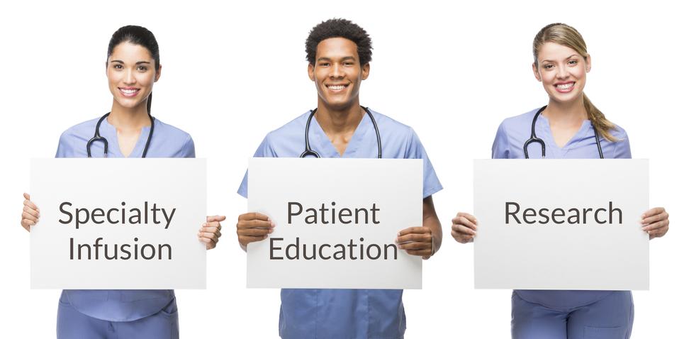 Three nurses holding signs for Specialty Infusion, Patient Education, and Research